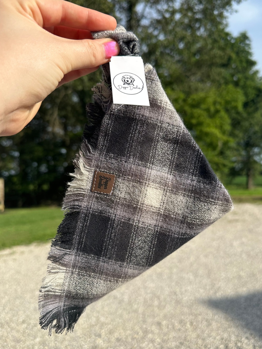 Grey Plaid Fringe Scrunchie Dog Scarf