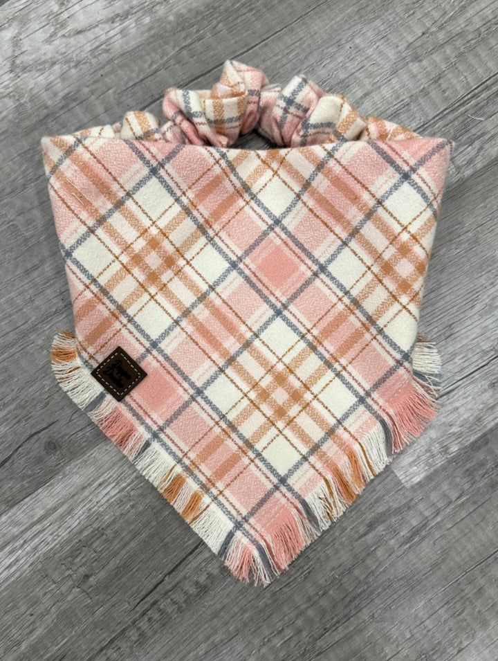 Peachy Plaid Fringe Scrunchie Dog Scarf
