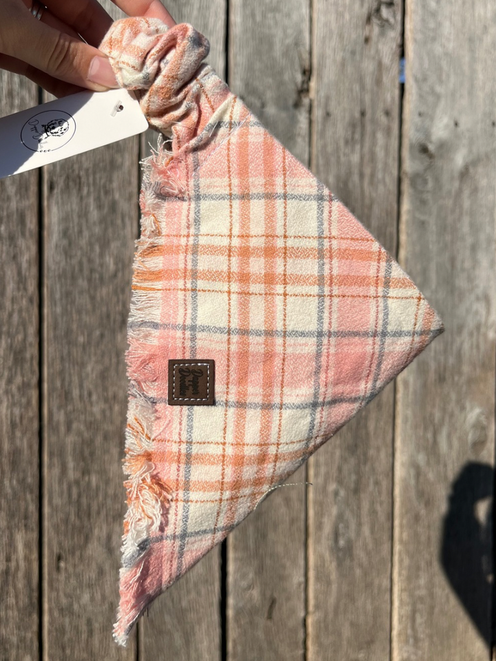Peachy Plaid Fringe Scrunchie Dog Scarf